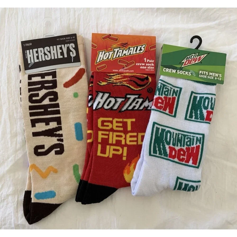 Novelty Theme 3 Pairs Adult 6-12 Red Hots Mountain Dew Hersheys Candy Fun Drink